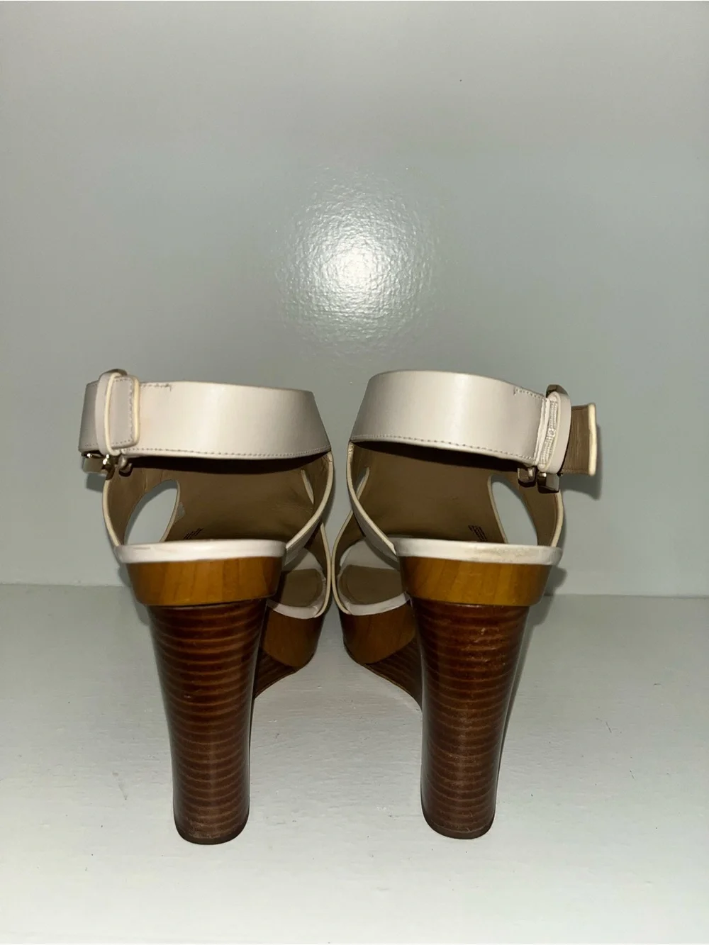 Michael Kors Cream Leather Wedge Sandals with Wood Platform